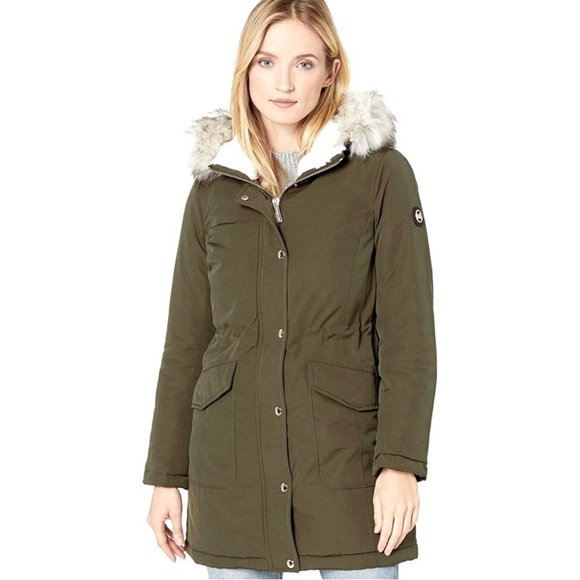 MICHAEL Michael Kors Hooded Fur Snap Front Polyfill Anorak Coat Medium Parka Med - Picture 3 of 16